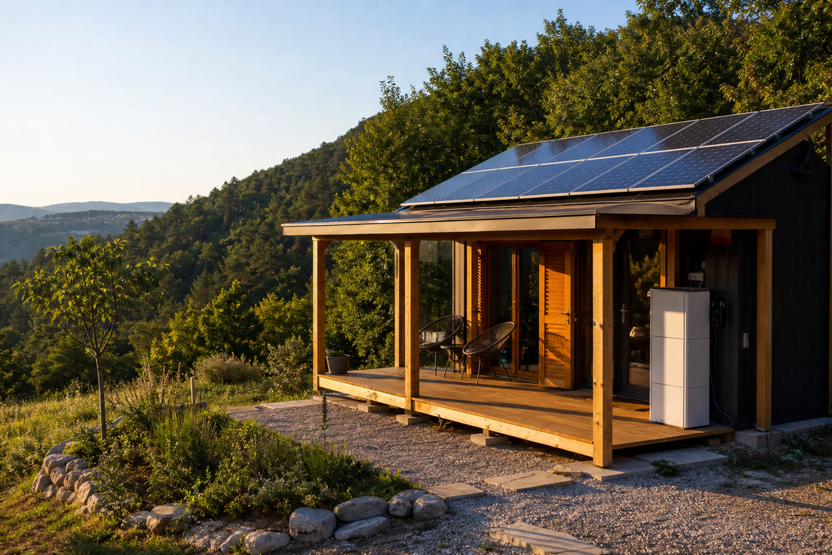 Obiteljska kuća sa solarnim panelima u večernjem svjetlu