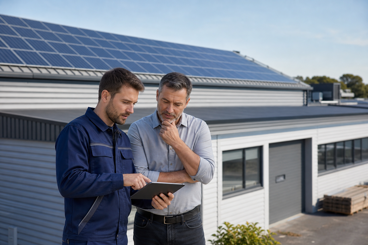Poduzetnik i solarni stručnjak pregledavaju rješenje elektrane od 15 kW